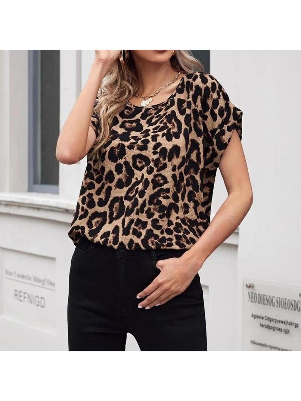 SHEIN Leopard print top with cuffed sleeves